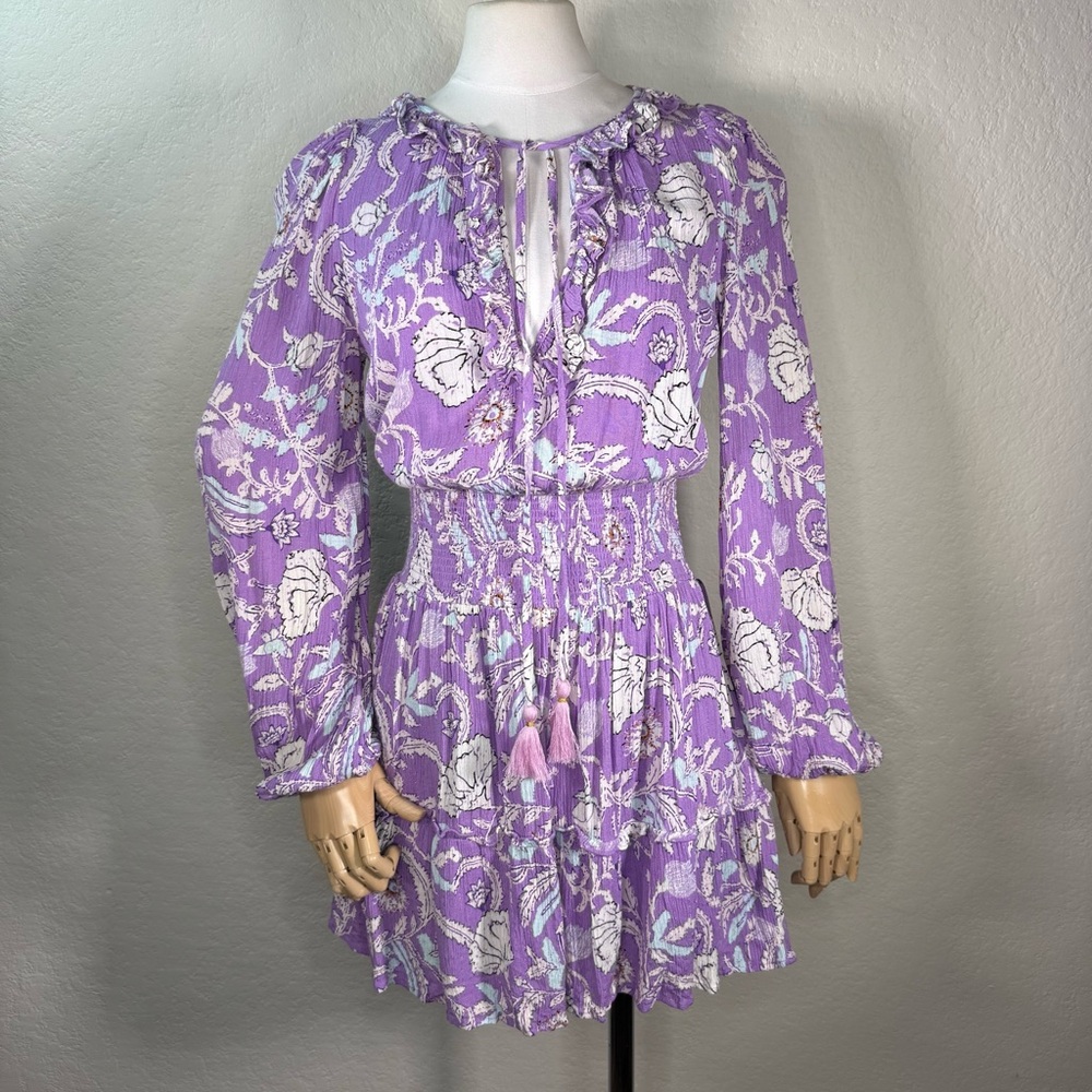 House of Harlow 1960 Boho Floral Purple Ruffle Smocked Mini Dress Size XS EUC
